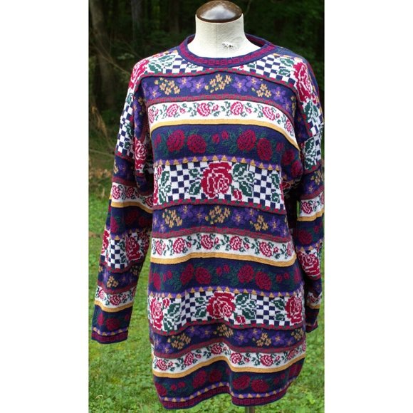 Vintage 80s Heartworks Sweater Striped Roses Checkered Long Size Medium Preppy - Picture 1 of 11